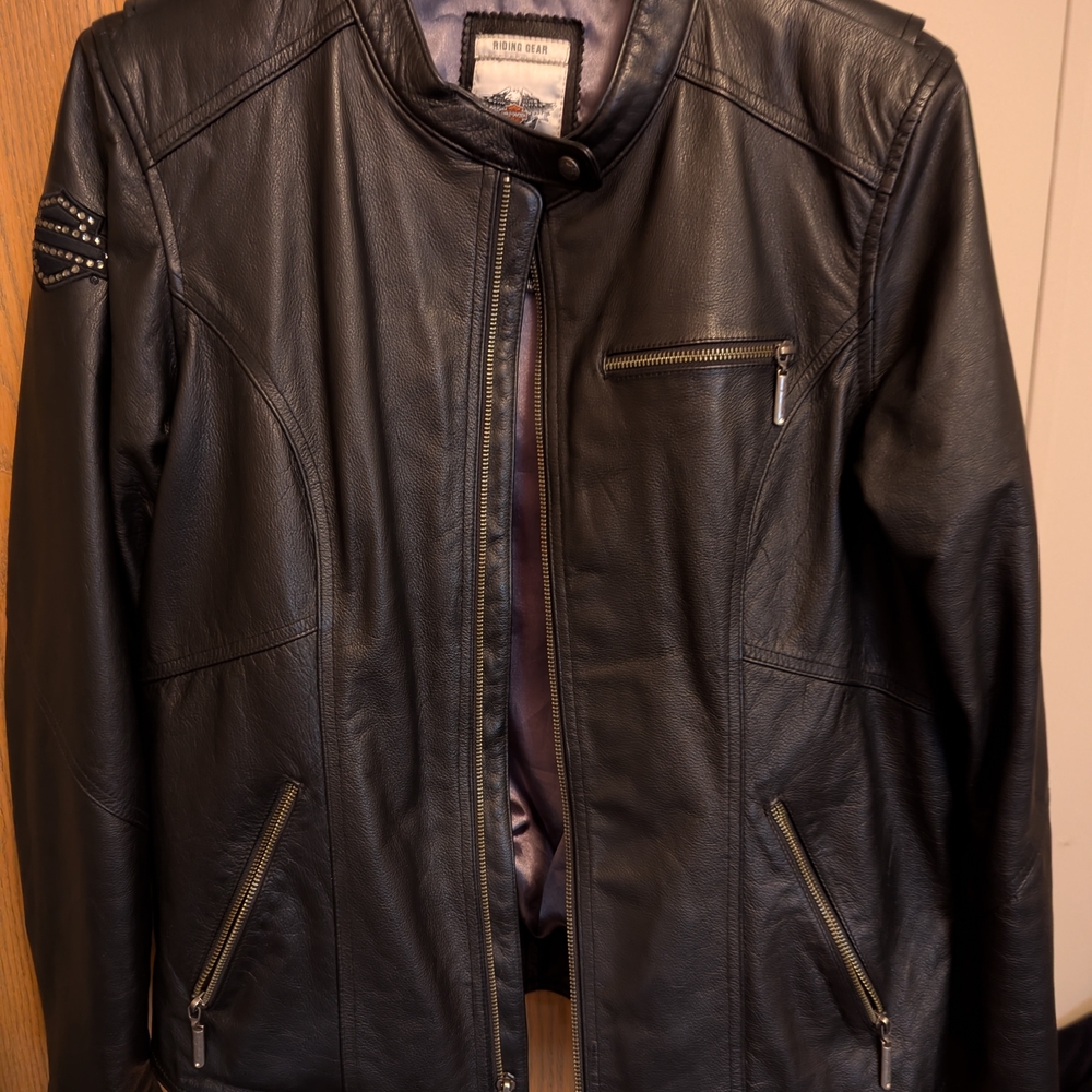 Black Leather Jacket with Studded Shoulder